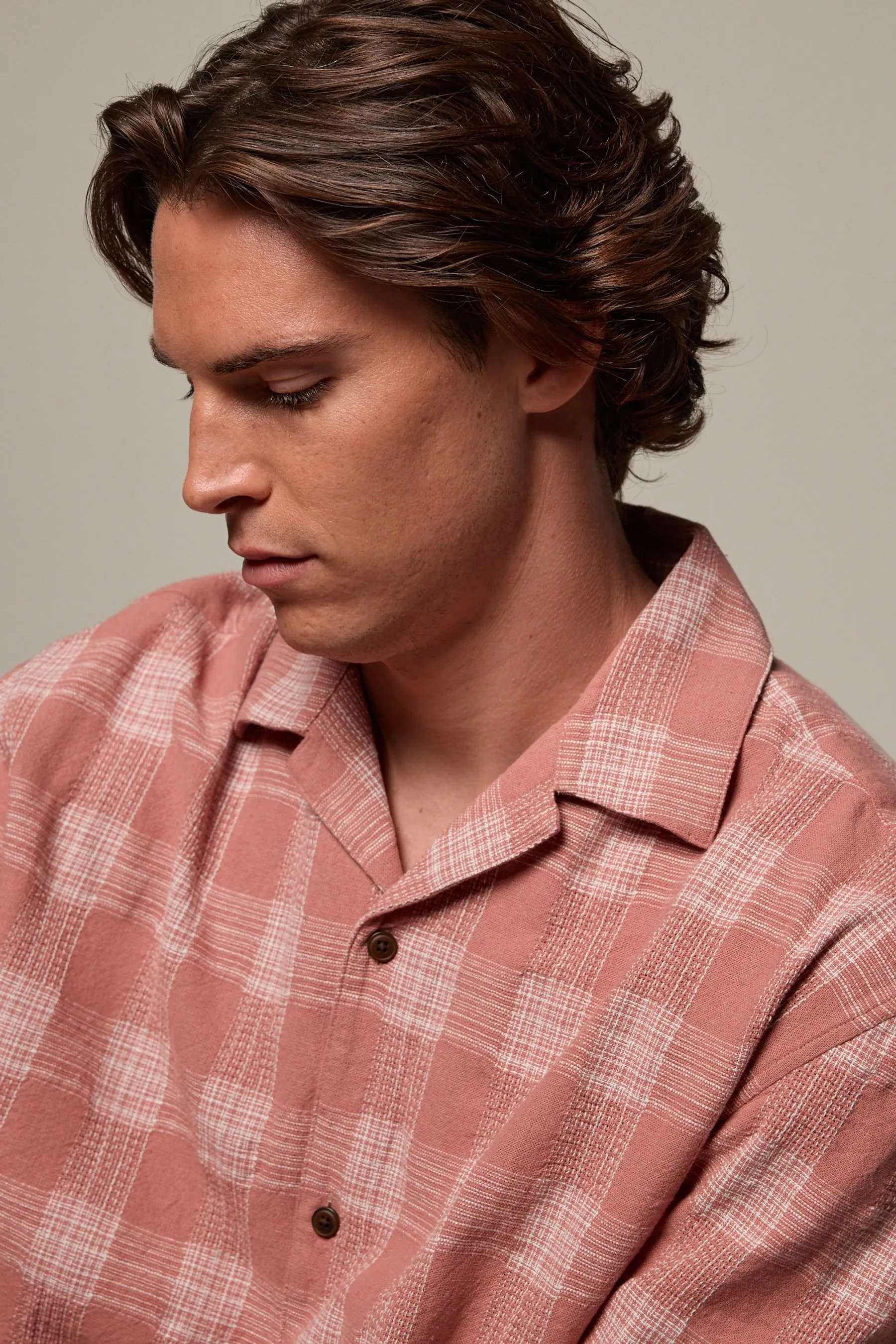 100% Cotone Check Maniche corte Camicia testurizzata con colletto cubano    