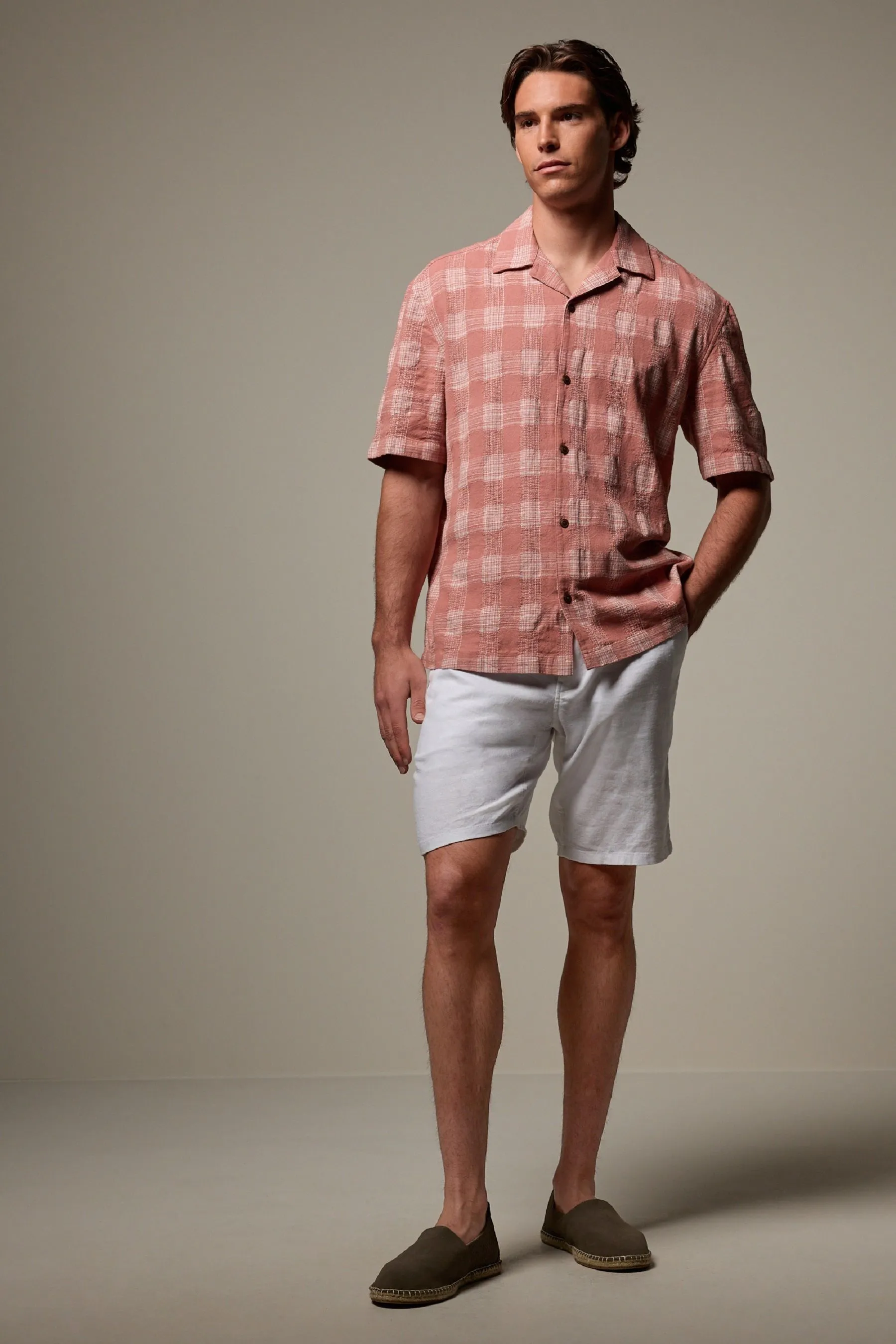 100% Cotone Check Maniche corte Camicia testurizzata con colletto cubano    