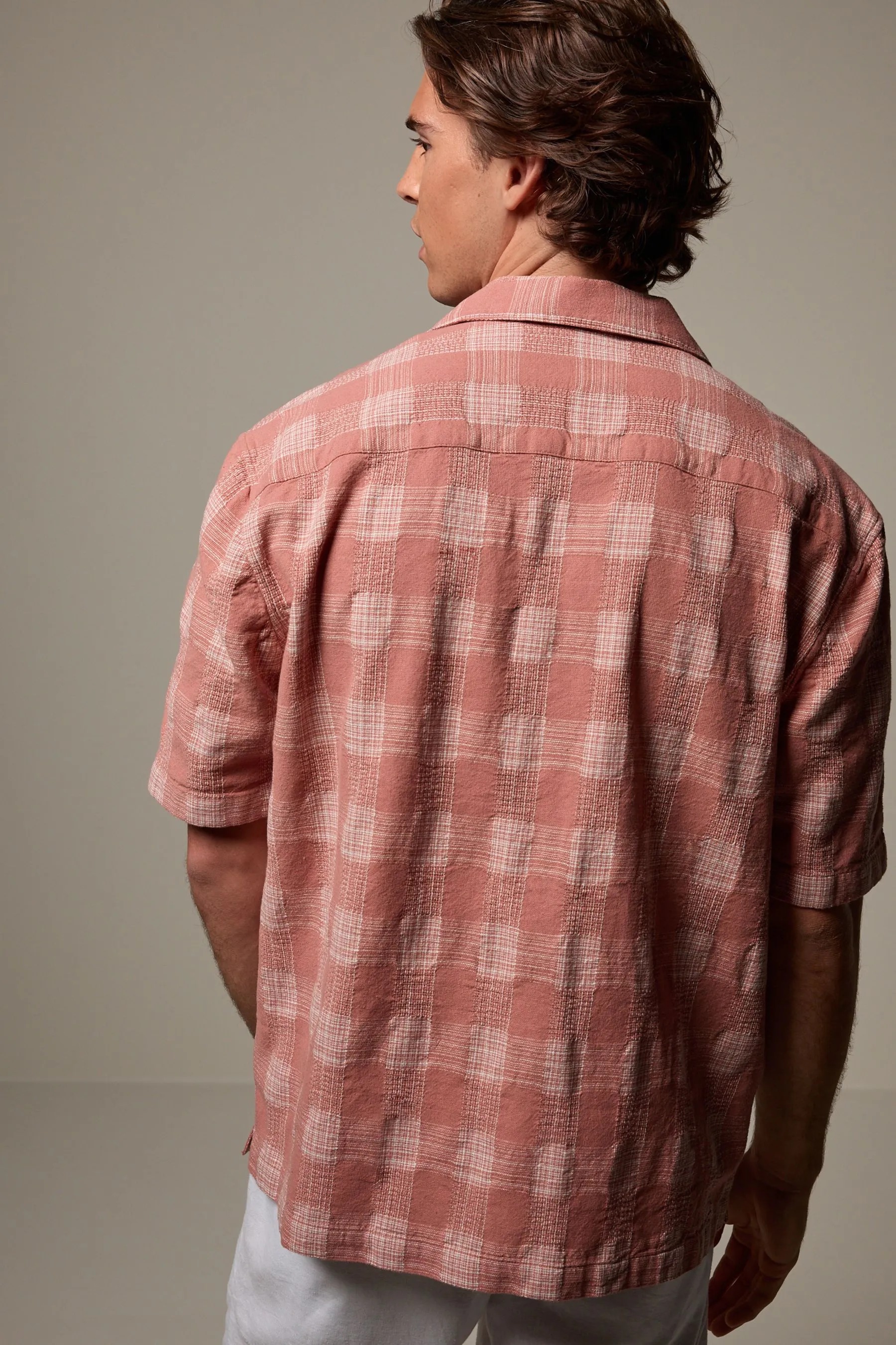 100% Cotone Check Maniche corte Camicia testurizzata con colletto cubano    